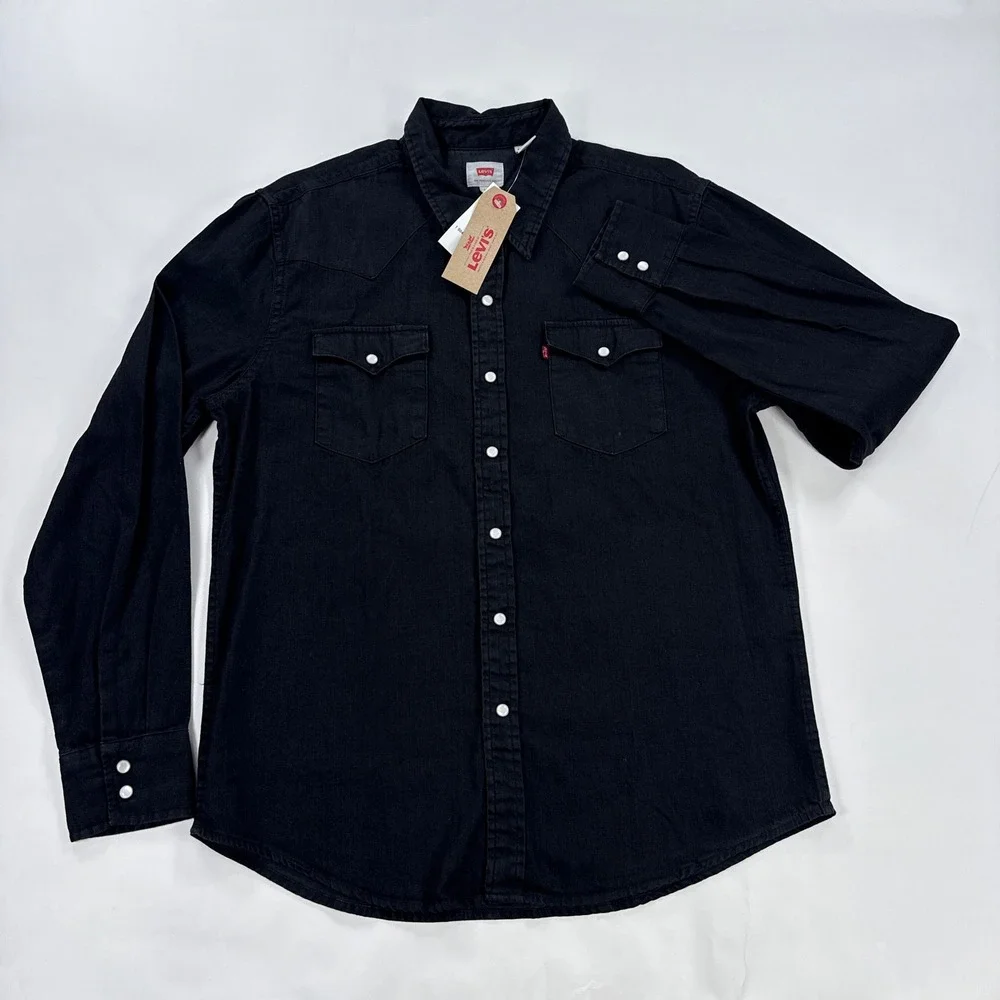 Levis Western Shirt Mens Large Black Pearl Snap Denim Barstow Long Sleeve